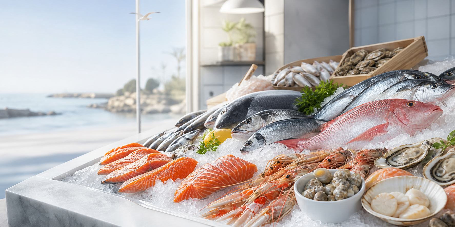 Étal de poissons, filets, coquillages et crustacés sur glace